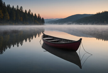 Alabaster Boat on Misty Lake at Twilight - Serene and Mystical Scene