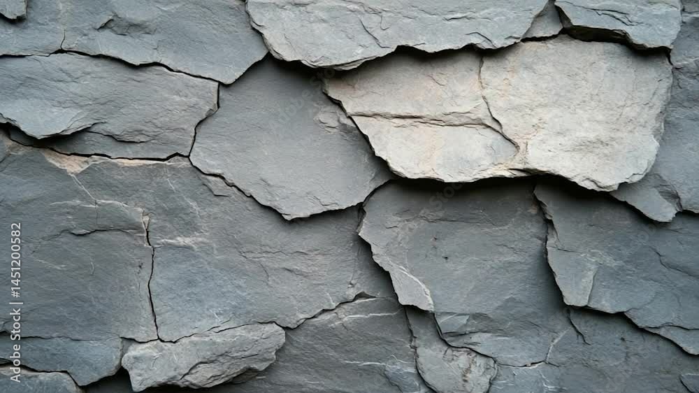 Poster close-up of textured grey stone wall featuring irregularly shaped pieces with various shades and vis