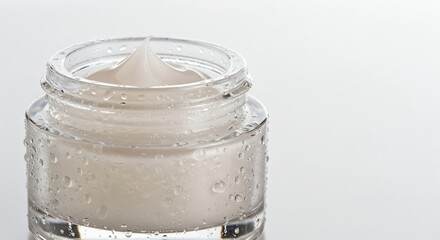 A glass jar with moisturizing cream, showcasing freshness and beauty on a white background.