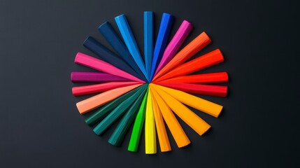 Obraz premium Colorful arrangement of paint sticks forming a vibrant wheel pattern on a black background showcasing creativity and artistic expression