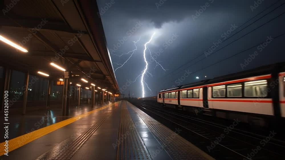 Aufkleber nighttime train station scene showcasing lightning strikes and a passing train. features overhead li