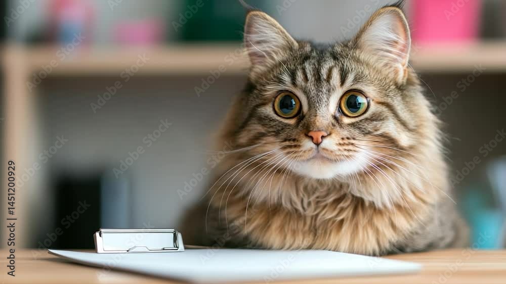 Leinwandbilder A fluffy tabby cat with big eyes sits at a desk with a clipboard in soft focus. The cat has a thoughtful expression and is in an office setting. The lighting is soft and inviting