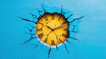 A vibrant wall clock art piece bursting through a cracked blue wall, illustrating the passage of time and creative expression.