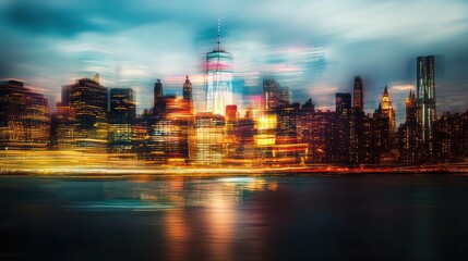 Obraz premium Blurred motion cityscape reflecting in water featuring vibrant urban lights