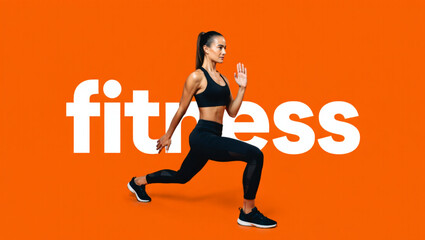 fitness woman running. Sporty woman runner in silhouette on yellow background. Photo of attractive woman in fashionable sportswear. Dynamic movement. Side view. Sport and healthy lifestyle