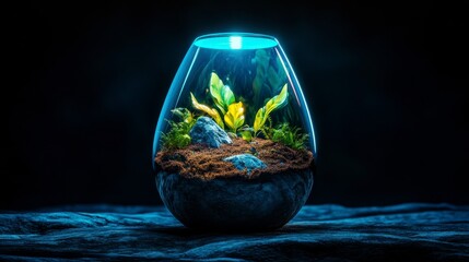 A beautifully lit glass terrarium showcasing vibrant green plants, small rocks, and rich brown moss in a serene setting