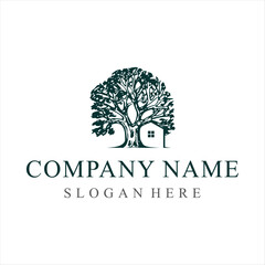 Tree House logo silhouette vector. Real estate isolated concept design template.
