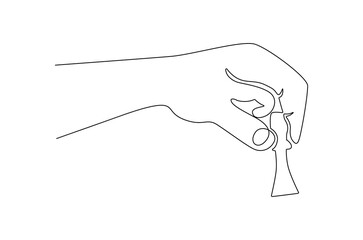 Continuous one line drawing of Execution chess piece. Single line drawing illustration of Hand holding chess. Development strategy in entrepreneurship concept vector art. Doodle line illustration.