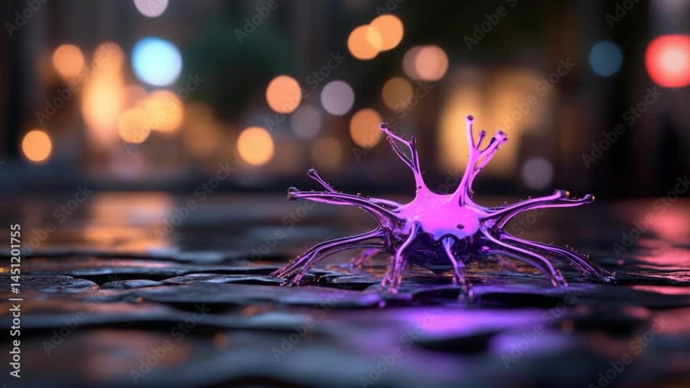 Poster Close-up shot of a glowing purple neuron-like structure on a wet, dark surface with blurred bokeh lights in the background, creating a moody ambiance