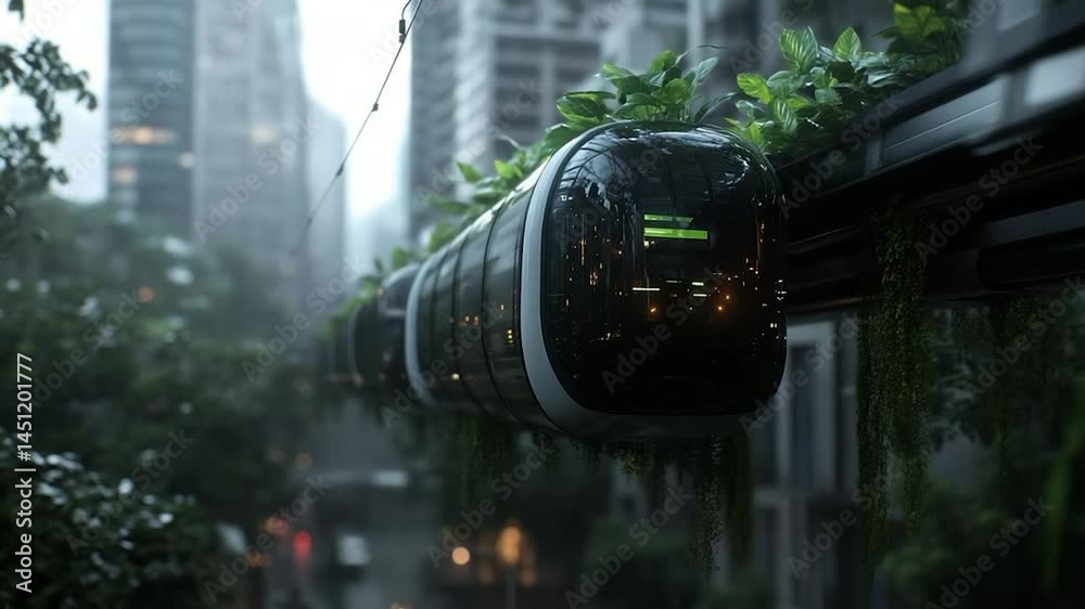 Poster futuristic elevated train with integrated greenery traverses a cityscape under overcast skies creati