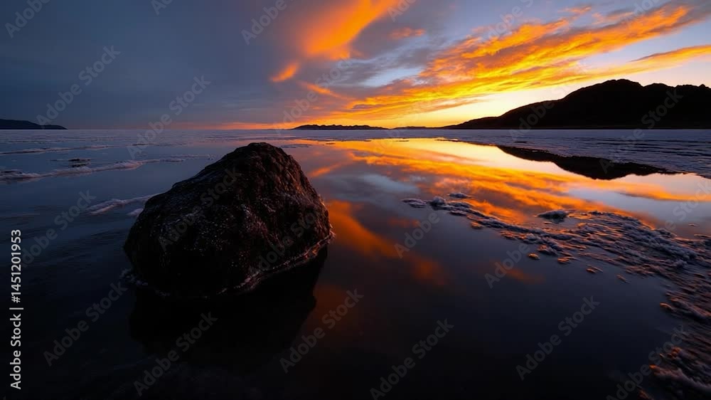 Poster dramatic sunset sky reflecting in calm water with a dark rock in the foreground. orange and yellow h