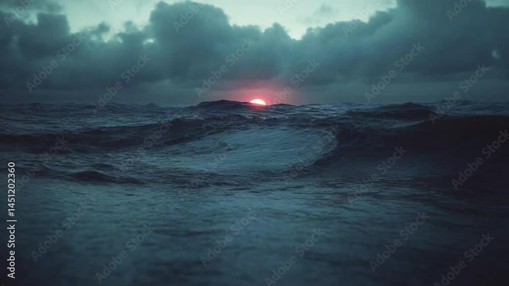 Poster dramatic ocean view featuring waves under a dark sky with a setting sun. the image highlights a vast
