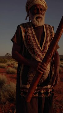 A man stands in a desert landscape at sunset, holding a didgeridoo. The low-angle shot creates a dramatic effect, resembling a video still.