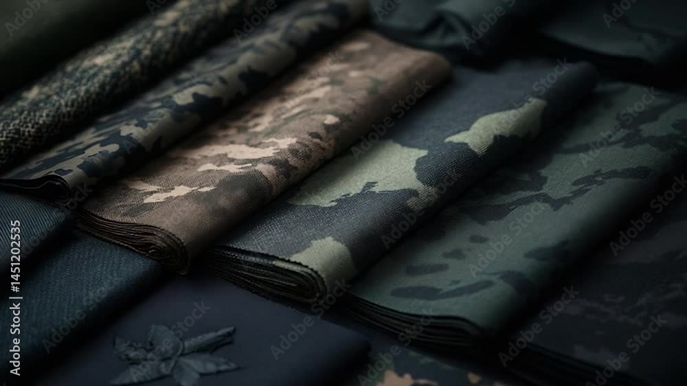 Aufkleber close-up of camouflage fabric in shades of green brown and black. various patterns textures folded o
