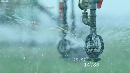 Metal sprinkler head spraying irrigation water across green field while numeric overlays floating
