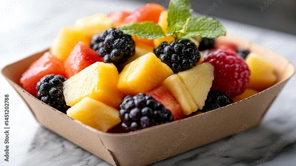 Aufkleber close-up of a vibrant fruit salad in a brown paper container on a marble surface with fresh mint gar