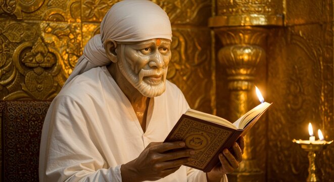 The enlightened guru immersed in sacred texts and spiritual contemplation