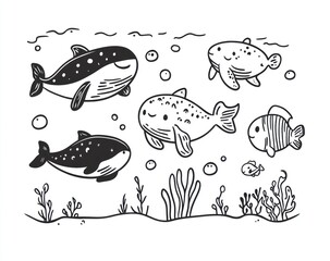 Whimsical monochrome illustration of diverse sea creatures amidst bubbles and seaweed