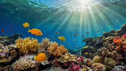 Obraz premium Underwater paradise with vibrant coral reef, fish, and sunlit ocean environment