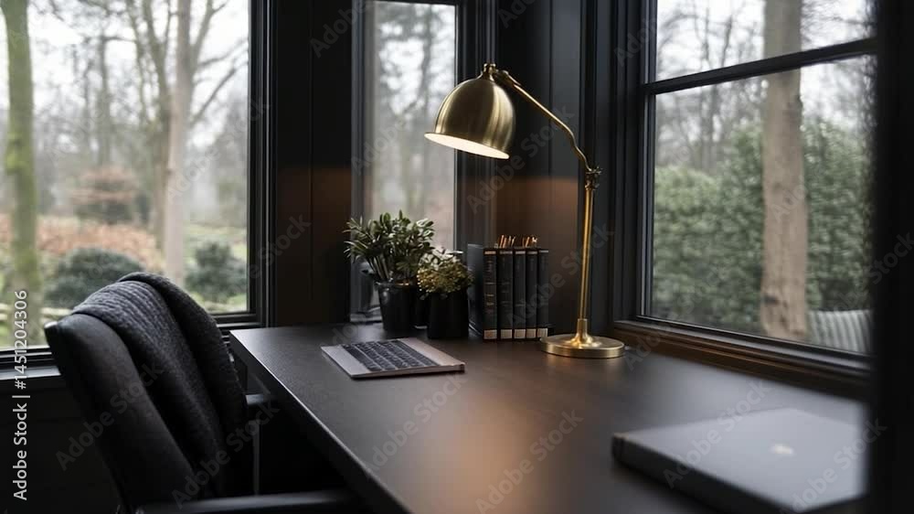 Poster cozy interior with a desk next to windows. includes laptop desk lamp and books against the backdrop 