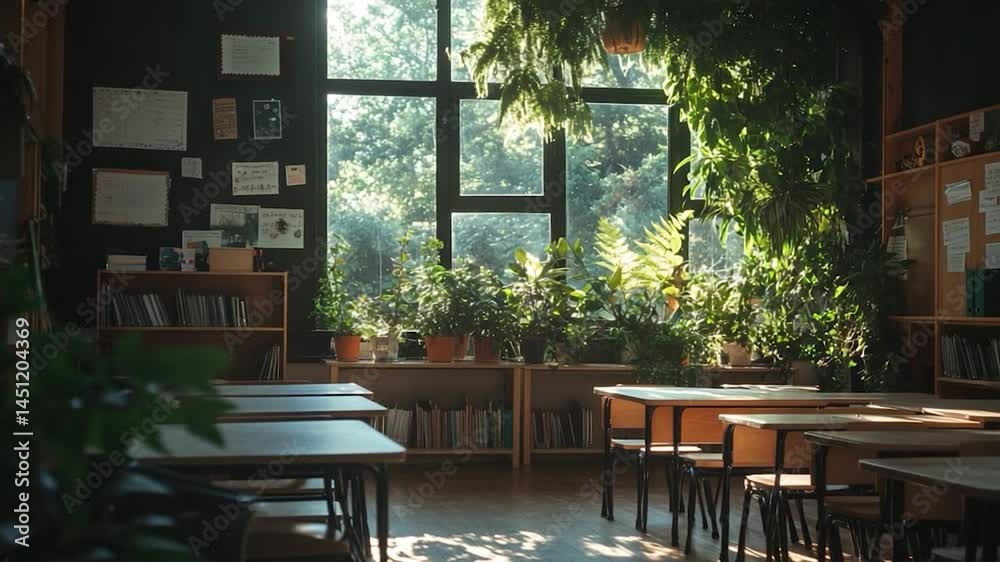 Poster empty classroom with large window filled with sunlight and greenery. bookshelves and desks are visib