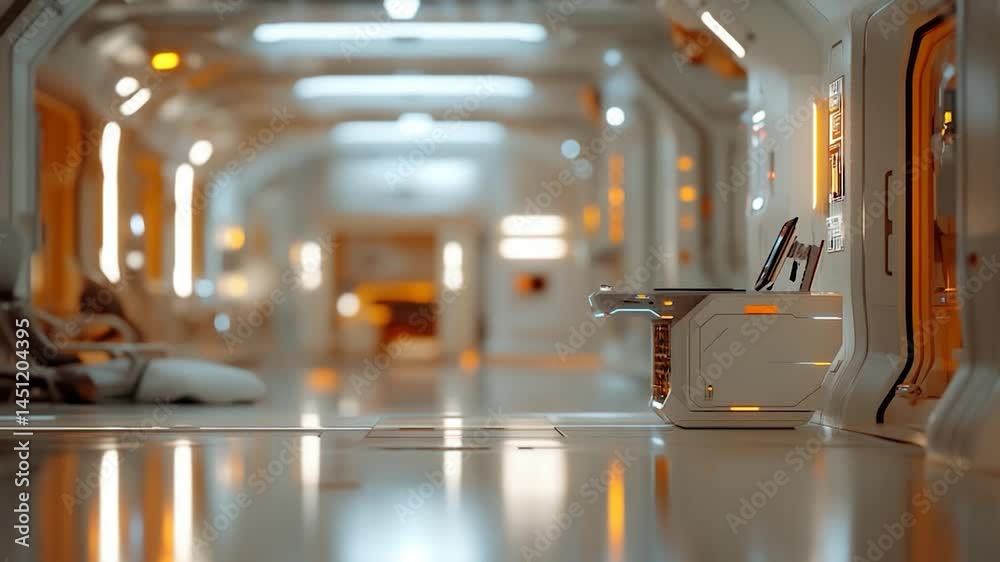 Poster futuristic corridor interior with reflective flooring bright lighting and a central service unit in 