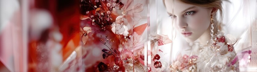Ethereal Portrait of a Woman Surrounded by Floral Blooms with Double Exposure Effect Emphasizing Natural Beauty and Elegance in Artistic Composition