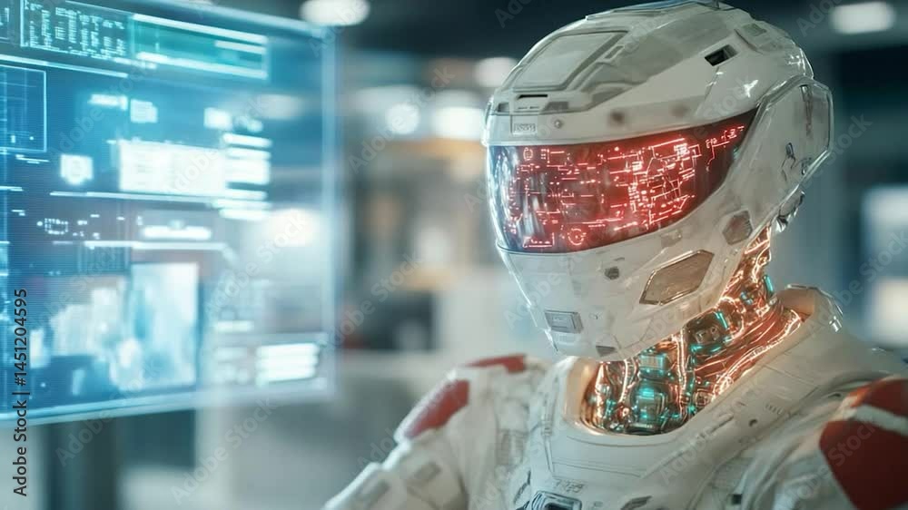 Poster Futuristic robot in white and red outfit with illuminated visor and circuits. Computer interface screen in the background adds to the sci-fi aesthetic. Focus on technology and cybernetics