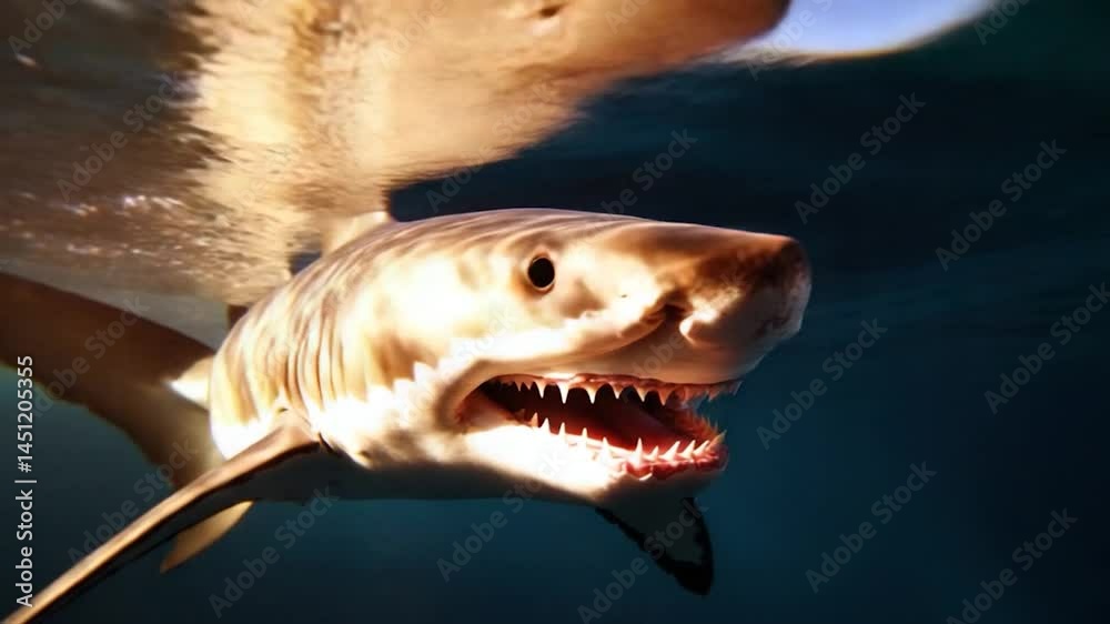 Poster close up shot of a shark swimming underwater in a marine environment. the shark is front facing with