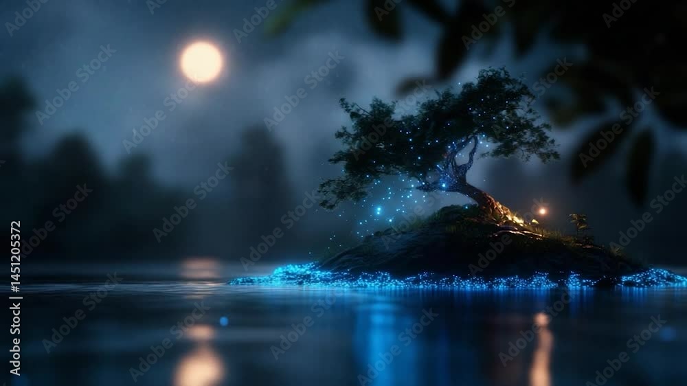 Poster A serene night scene with a small island and glowing tree surrounded by water under a full moon with rain