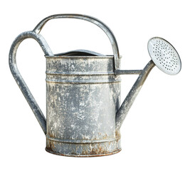 A rusty old watering can with a metal handle and a metal spout