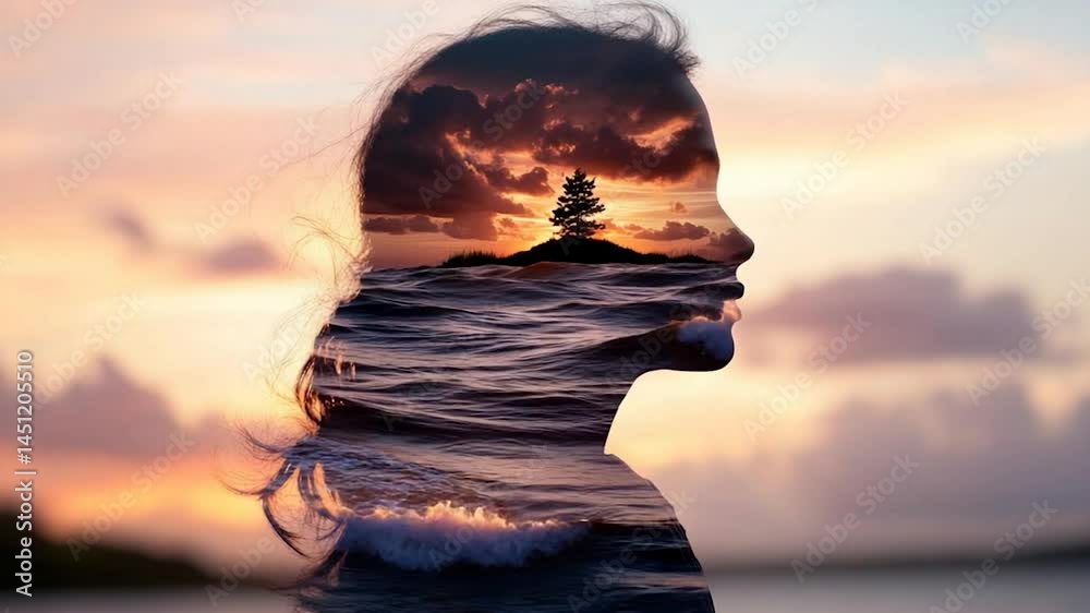 Poster Silhouette of a person's profile overlaid with a seascape at sunset. The image includes ocean waves a tree on an island and fiery clouds conveying a dreamy feeling