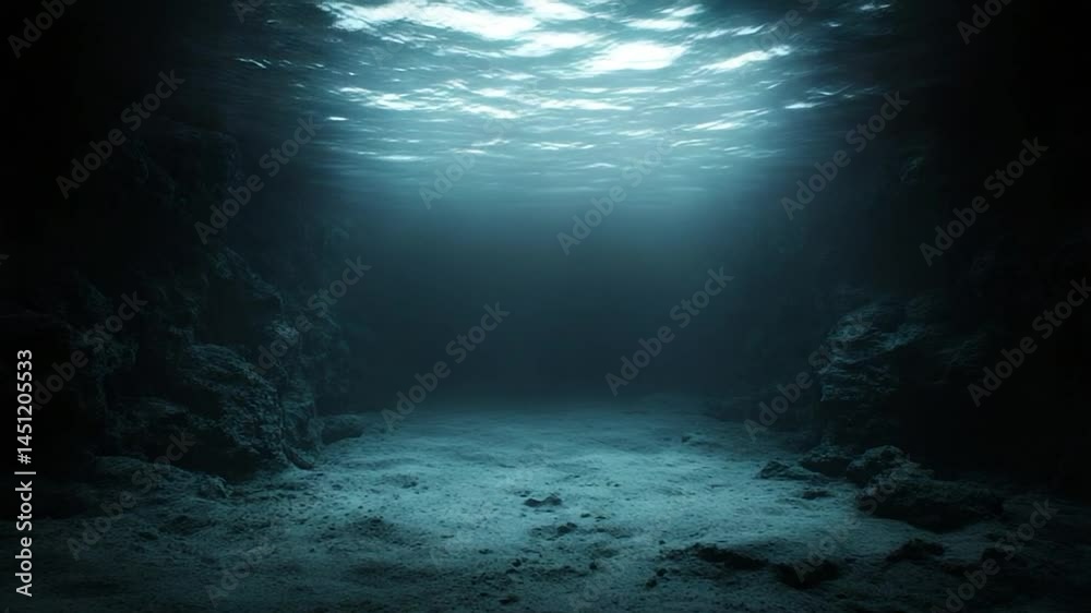 Aufkleber Underwater scene with sunlight filtering through the water. Deep ocean environment with rocky formations and sandy seabed. Atmospheric and mysterious underwater ambiance