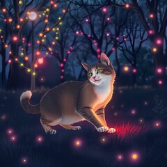 A strong moody style illustration of a cat playing in a park glowing bioluminescent colors low contrast natural light effects vibrant glow