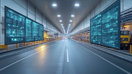 Data screens in industrial tunnel, vehicle traffic