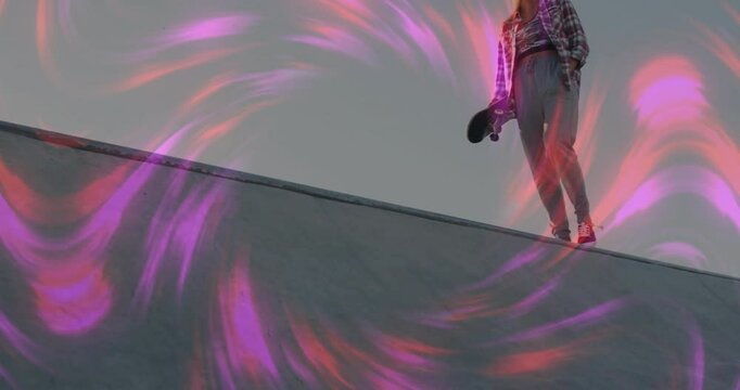 woman skater standing on half-pipe, showcasing technology with animated pink-purple light streaks