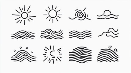 Fototapeta premium Simple Line Art Icons of Sun & Waves