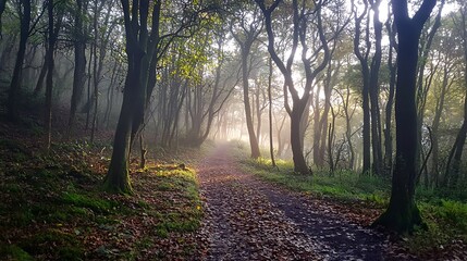 Fototapeta premium Misty Morning Path: A Serene Forest Walk