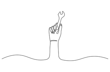 Continuous one line drawing of Hand holding wrench. Single line drawing illustration of Holds a wrench. Tools for car repair concept vector art. Doodle line illustration.