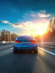 Obraz premium A stunning image of blue car driving on the highway, motion blur, rear view. luxury sports sedan concept model.