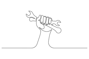 Continuous one line drawing of Hand holding wrench. Single line drawing illustration of Holds a wrench. Tools for car repair concept vector art. Doodle line illustration.