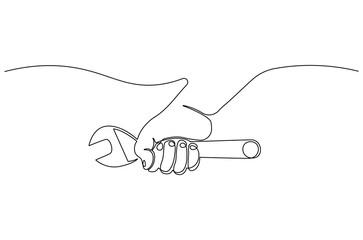 Obraz premium Continuous one line drawing of Hand holding wrench. Single line drawing illustration of Holds a wrench. Tools for car repair concept vector art. Doodle line illustration.