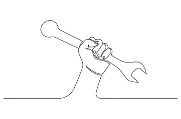 Continuous one line drawing of Hand holding wrench. Single line drawing illustration of Holds a wrench. Tools for car repair concept vector art. Doodle line illustration.