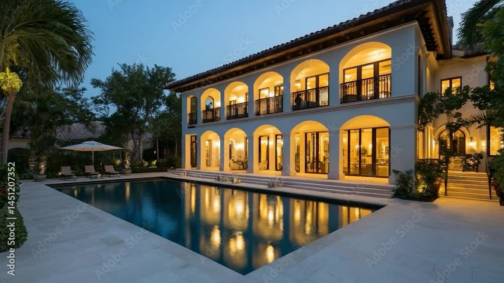 Poster Exterior view of a luxurious residence with a pool at dusk. The house features arched windows and balconies with warm interior lights reflected in the pool. Palm trees frame the scene