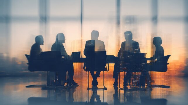 A stunning image of business team meeting, silhouette of business people in an office conference room sitting around a table discussing work together. Abstract blurred background.