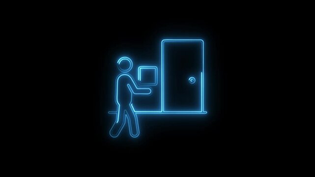 Neon outline delivery person bringing package to door on black background animation represents modern service and convenient shipping options