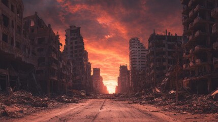 A stunning image of empty street of burnt up city. Apocalyptic view of city downtown as disaster film poster concept. City destroyed by war.