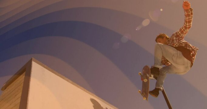 Male skateboarder performing mid-air trick at skatepark, with animated sports tech overlays