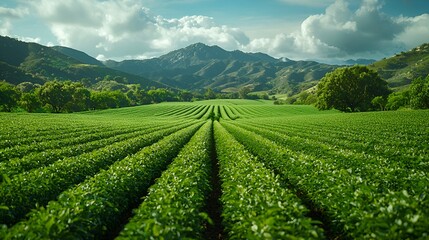 Fototapeta premium Lush green agricultural field stretching towards majestic mountains under a partly cloudy sky.