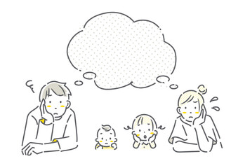 不安を抱える若い四人家族　シンプルでお洒落な線画イラスト